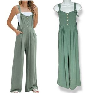 Wide Leg Jumpsuit Linen Blend Women Size Small Green Boho Casual Slouchy Pockets